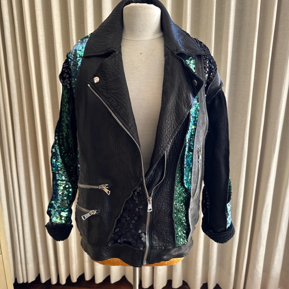 Filles A Papa Stylish Black Leather Jacket with Sequin Details